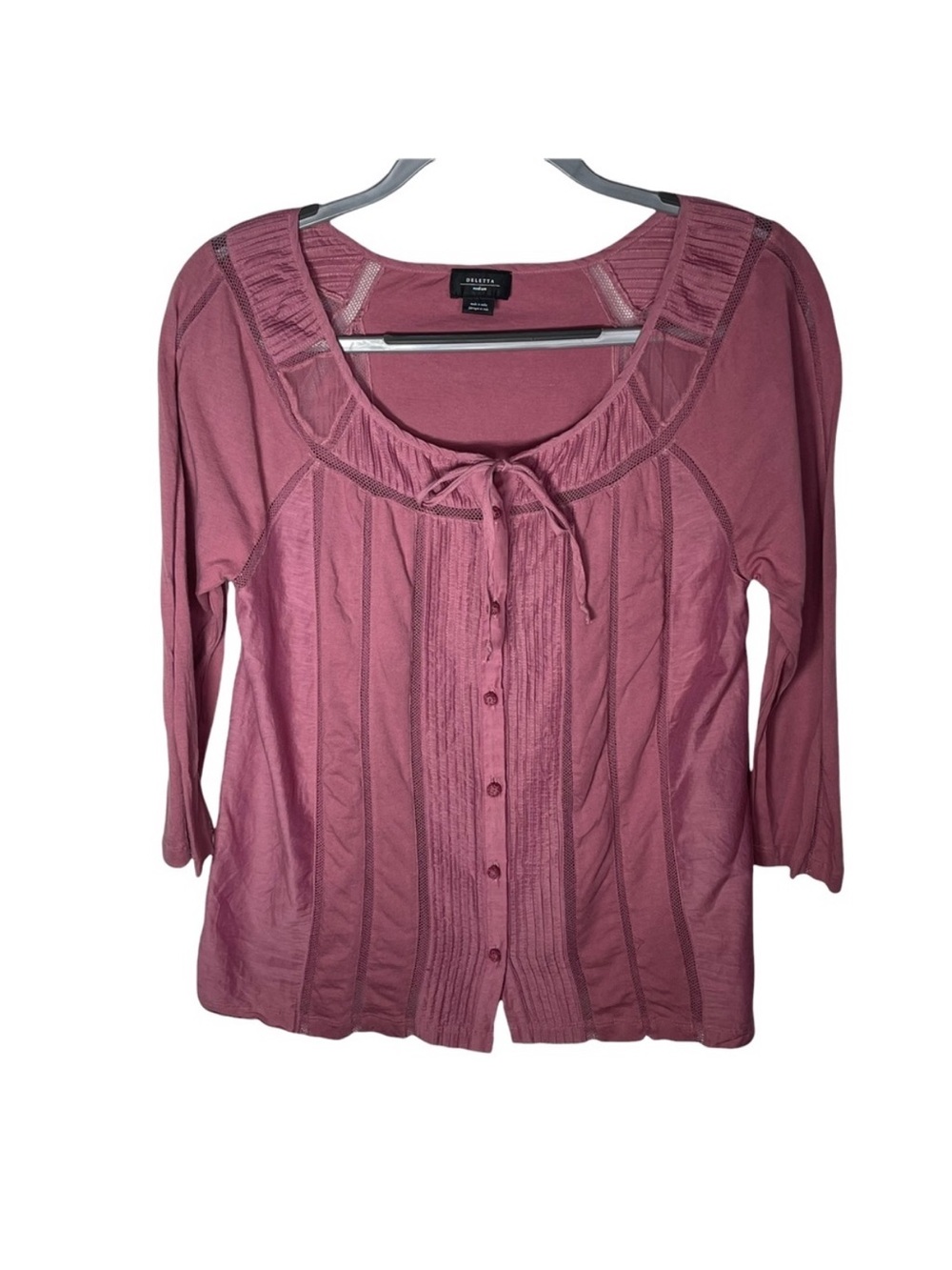 Anthropologie Deletta Dusty Rose Mauve Medium EUC Button-Front Tie-Neck Blouse